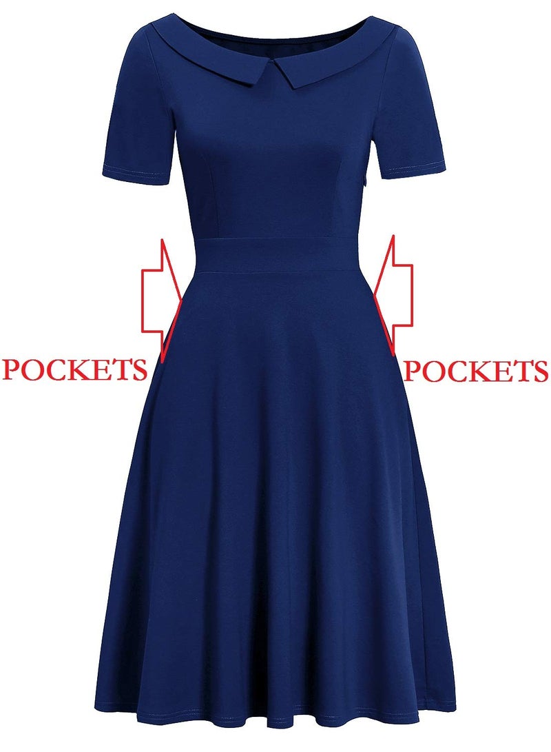 HELYO Peter Pan Collar Dresses for Women Knee Length Church Vintage Casual Solid Color Work Party A-Line Swing Dress with Pockets 978 Royal Blue L - Image 4